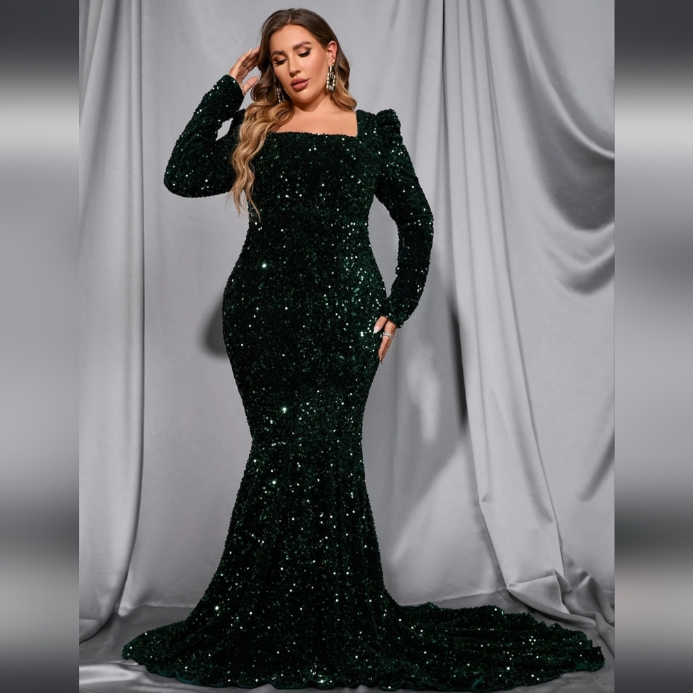 Faeriesty Plus Square Neck Puff Sleeve Floor Length Sequin Dress